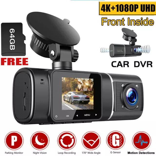 4K Dual Dash Cam Front and Inside, GOODTS Car Camera 1080P with 1.5 inch  Screen, Dash Camera for Cars with WiFi, Dashcam with App Control, G-Sensor,  Parking Monitor, 64GB Memory Card 