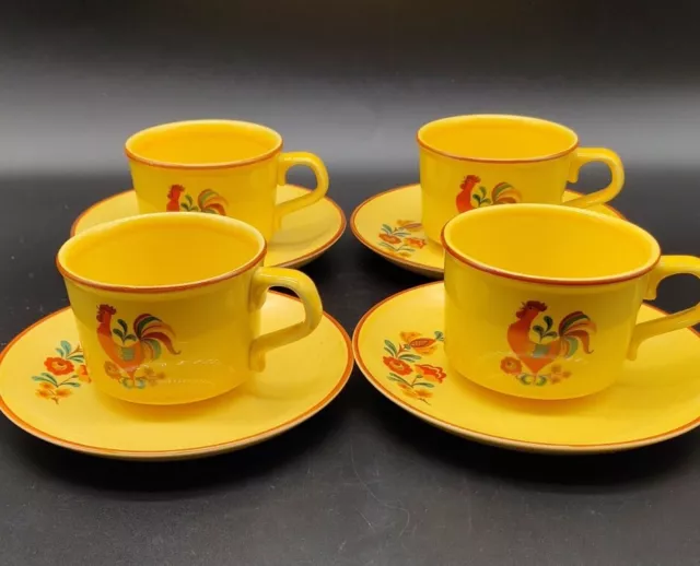 Set of 4 Cups & Saucers Vtg Taylor Smith Taylor Reveille Rooster Mugs Yellow MCM