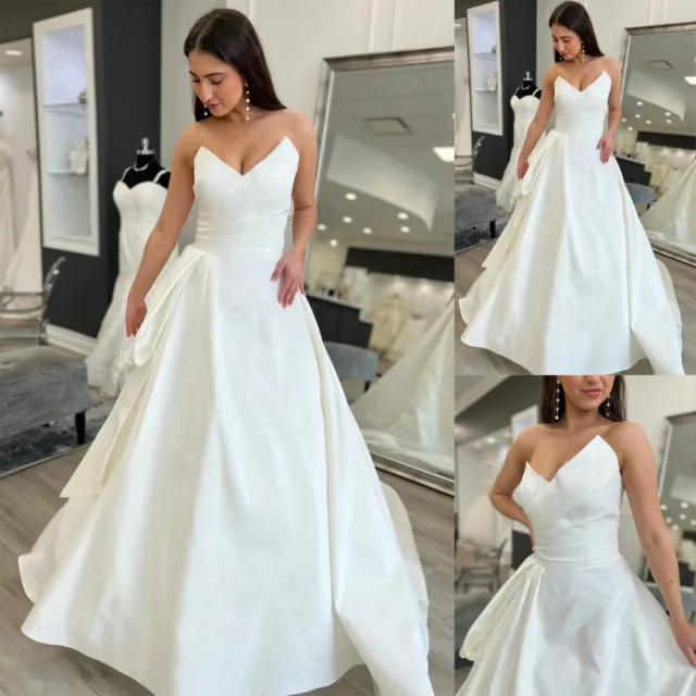 Plus Size Pleat Satin Wedding Dresses Modern A Line Strapless Formal Bridal Gown