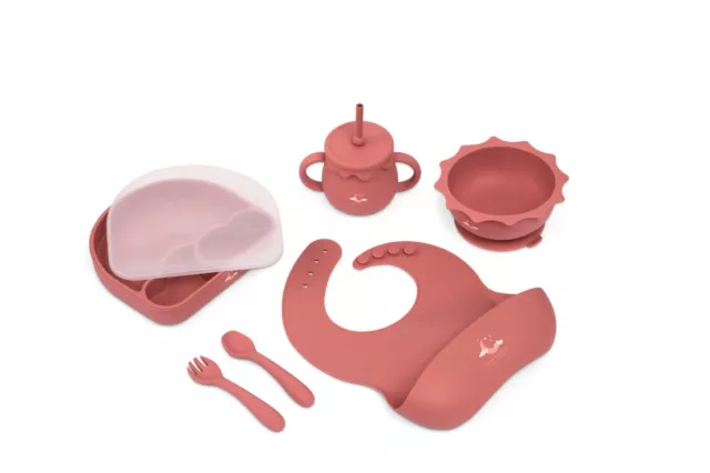 6pc Silicone Baby Feeding Set - Suction Bowl & Plate, Bib, Cup, Fork, Spoon