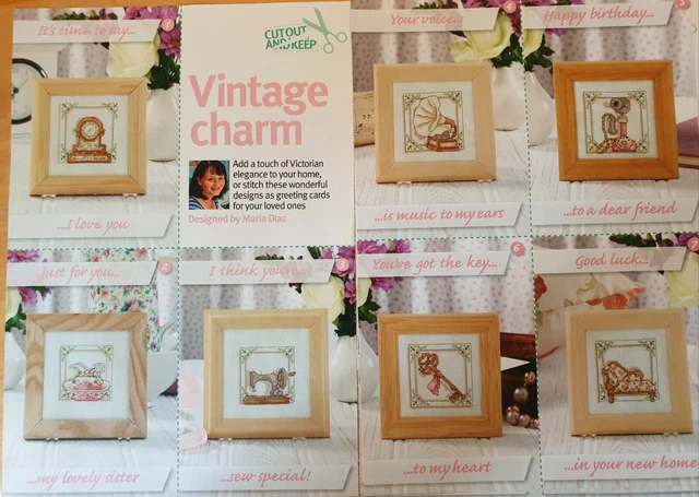 Kreuzstichdiagramme, 7 Vintage Charm: Uhr, Nähmaschine, Grammophon Usw.