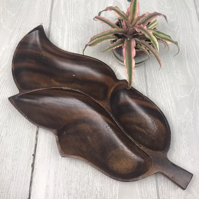 Vintage Wood Carved Leaf Three Compartment Monkey Pod Serving Platter Dish MCM