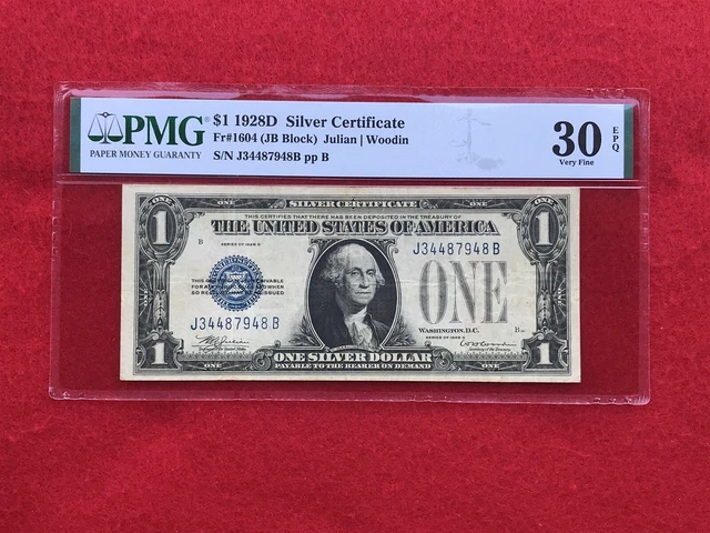FR-1604 1928 D Series $1 Silver Certificate "J-B Block" *KEY NOTE* *PMG 30 EPQ*
