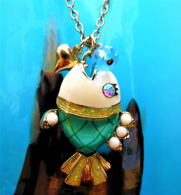 Betsey Johnson Sea Excursion Fish Necklace Blue Lucite Rhinestone Gold Vintage