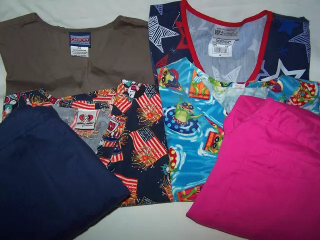 Lot of 6 Size Small + XS  Mixed Uniform Scrub Top and Bottoms  1 Top is New