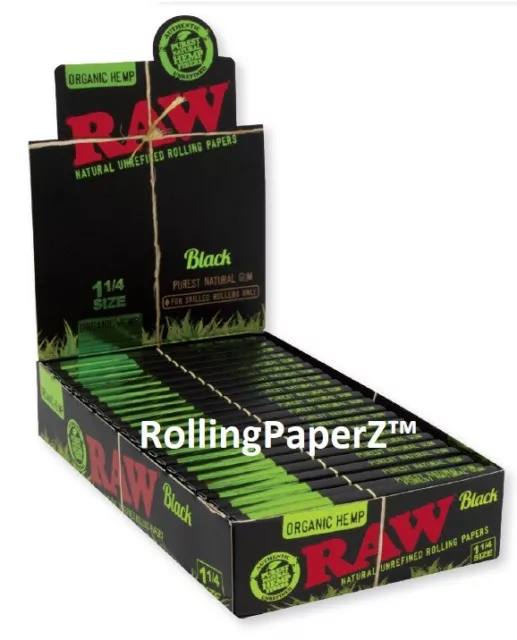 RAW BLACK ORGANIC HEMP Rolling Papers - FULL SEALED BOX 1 1/4 Size - 24 packs