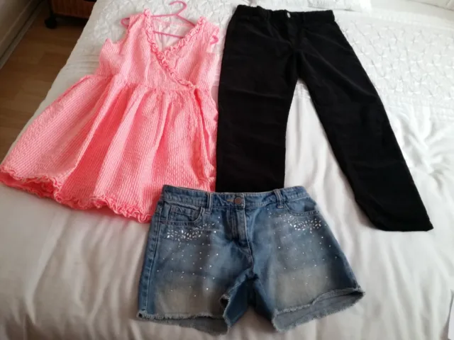 Girls bundle: pink dress, denim shorts and black cords combo Age 10yrs