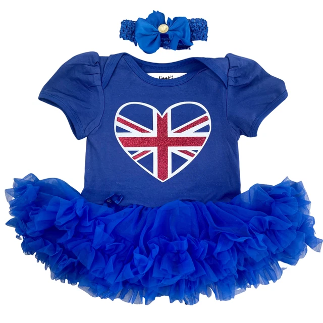 TUTU ROMPER BAMBINA Abito Blu Reale Bianco Rosso Union Jack Heart Regno Unito