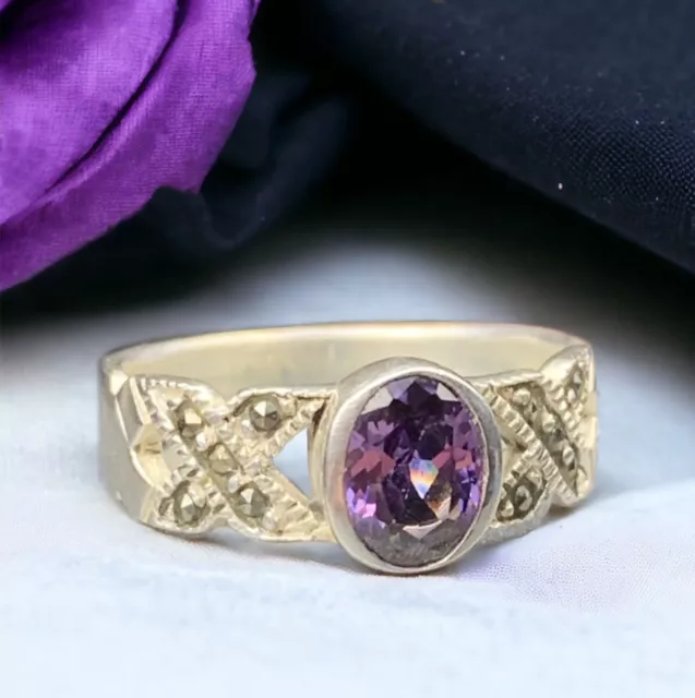 Vintage Sterling Silver Ring 925 Size 7 Band Art Deco Style Amethyst Marcasite