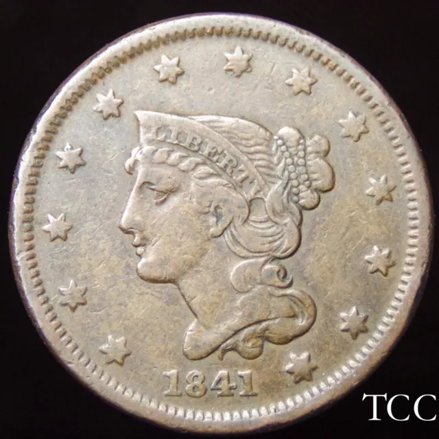 1841 BRAIDED HAIR LARGE CENT ~ GORGEOUS 1c COIN ~ FREE SHIPPING ~ TCC