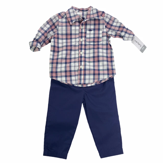 Carter's Baby Boys 2 Pc Set Plaid Button Down Shirt Blue Pants Sz. 12 Months NWT