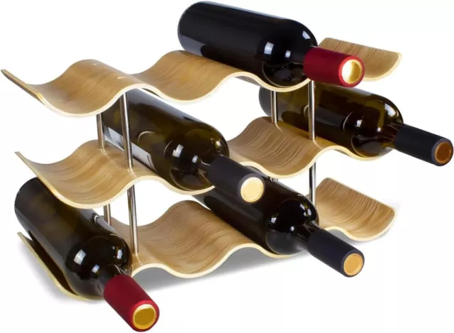 12 Bottles Wave Wine Rack Countertop, 3-Tier Wooden Wine Bottle Holder Stand, Fr