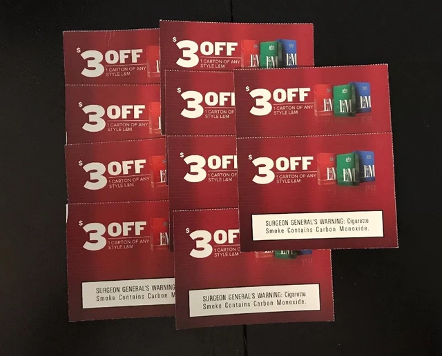 L&M CIGARETTE COUPONS, $30 Off Cigarettes 10 Coupon Lot - All $3 Off Carton  $12.50