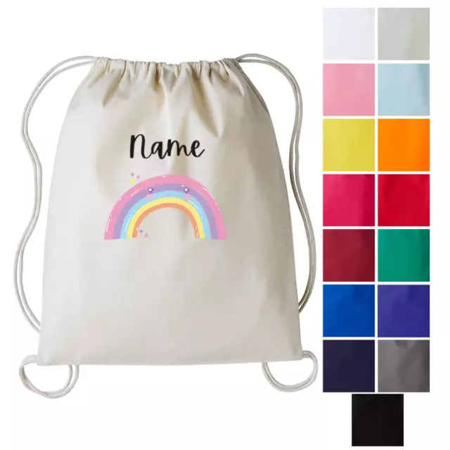 Personalised PE Bag Any Name Kids Drawstring Cotton Gymsac Swimming Sport