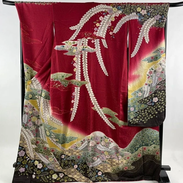 Woman Japanese Kimono Furisode Silk Tsujigabana Gold Thread Red 170cm