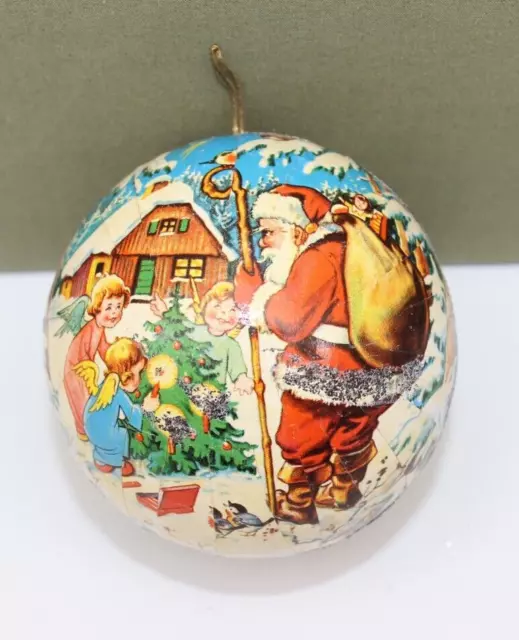 German Paper Mache' Christmas Candy Container Ornament-Santa w/Children & Tree