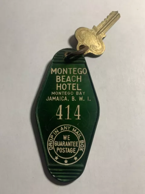 " Montego Beach Hotel Motel Room Key Fob & Key Montego Bay Jamaica #414 RARE