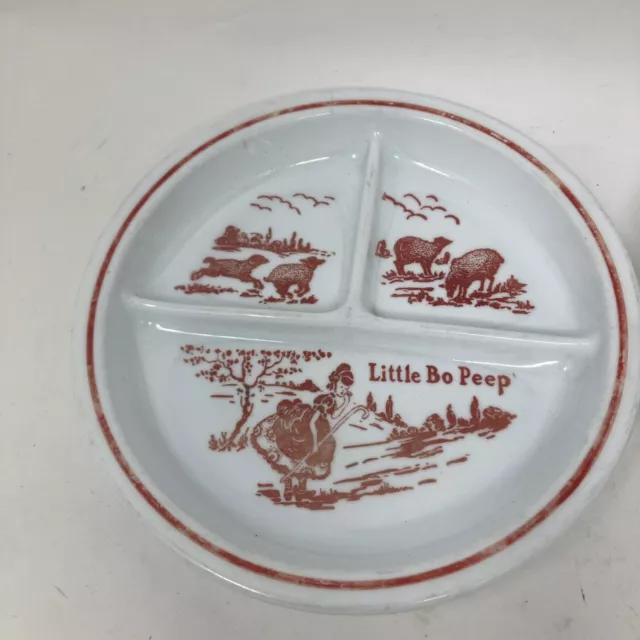 Pair Little Bo Peep Child’s Divided Plate Vitrock Red 1940'S Milk Glass Vintage 2