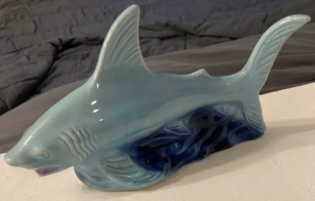 Vintage Glazed Ceramic Great White Shark Blue Figurine made in Brazil.