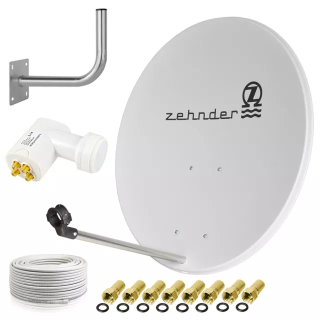 ZEHNDER Digitale SAT Anlage 80cm Schüssel + Quad LNB + Kabel + Wandhalter Set h