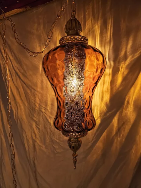 Vintage HUGE Amber Swag Lamp Hanging Retro Hollywood Regency Antique Light