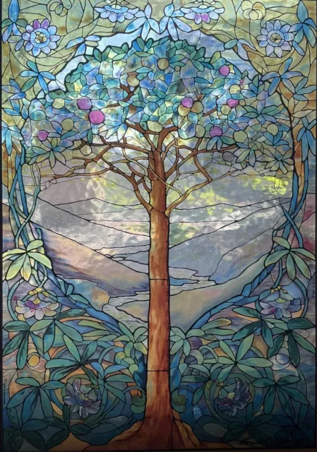 Tiffany Tree of Life Stained Art Glass Panel 9”x13'' Signed