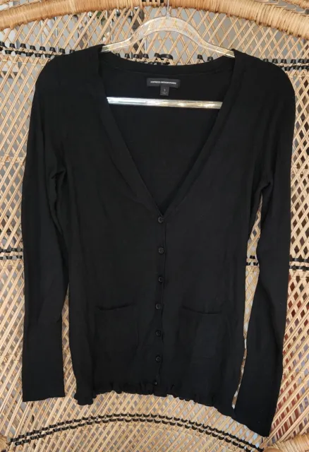 Womens Express V-neck Sweater Cardigan, Button Up, Pockets Black, Small, Ruffled