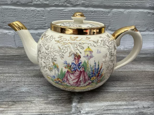 Sudlows Burslem Teapot - Victorian Scene - Gold Trim