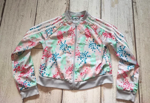 Girls adidas jacket Tracksuit top 11-12 grey pink floral summer autumn
