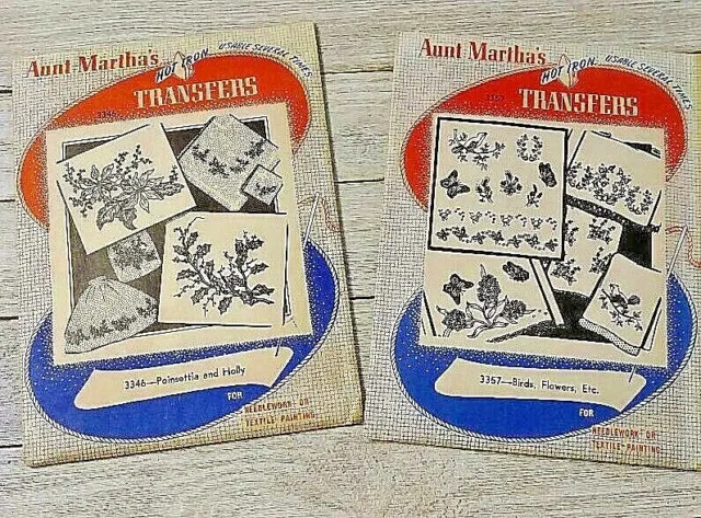 2 patrones de transferencia de bordado de hierro caliente tía Martha's 3376 y 3357