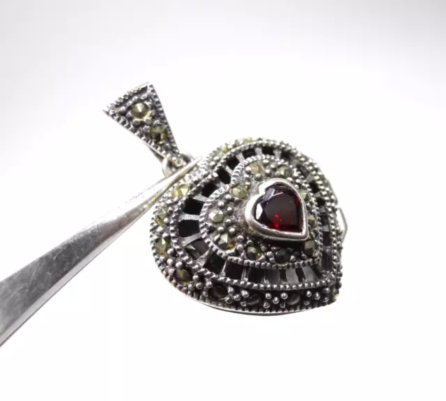 Vintage Marcasite & Red Garnet Heart Locket Sterling Silver 925 Charm Pendant