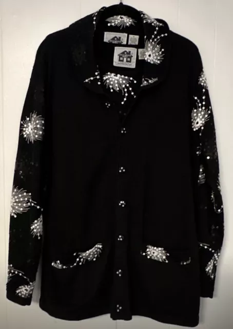 Storybook Knits HSN 1X Twin Set Cardigan Sweater Tank Black White Sequins