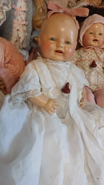 Horsman Eih Baby Dimples Composition Antique Doll 20 W/glass Bottle