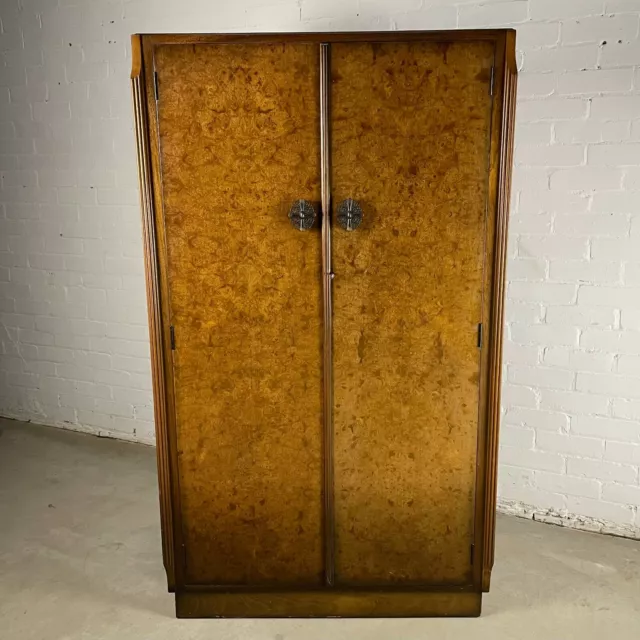Vintage Deco 1930s Burr Walnut Gentleman’s Wardrobe with Fitted Interior and Key 2