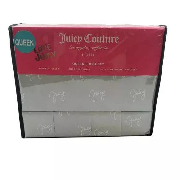 Juicy Couture 6 Piece Gray White Juicy Words Polyester Queen Sheet Set