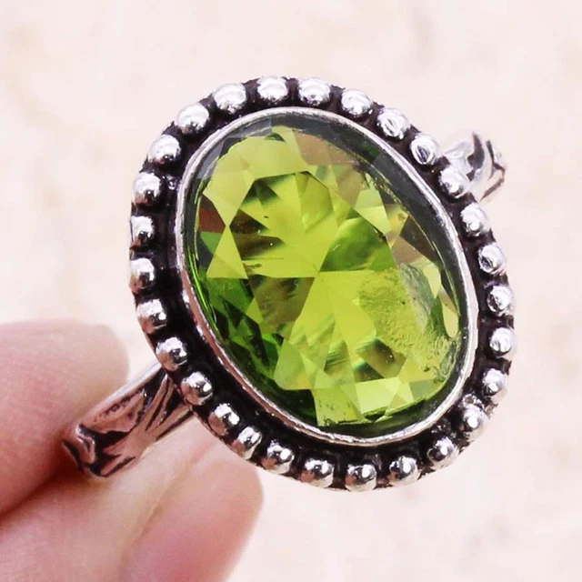 Peridot 925 Silver Plated Handmade Ring of US Size 8.75 Ethnic