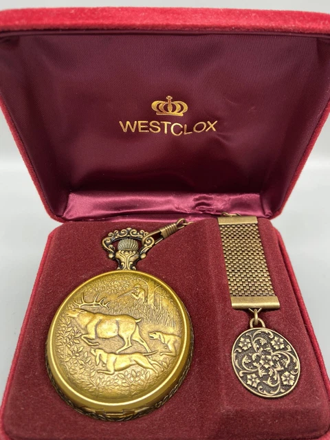VTG WESTCLOX GOLD Tone POCKET WATCH Deer Hunter Dog Scene Original