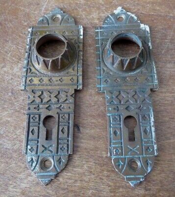 2 Matching Antique Eastlake Victorian Bronze Doorknob Backplates, 5 1/4 Inch