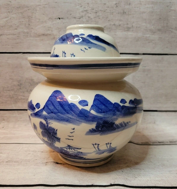 Vintage Japanese Tea Jar and Cup Blue and White Mountain Scene