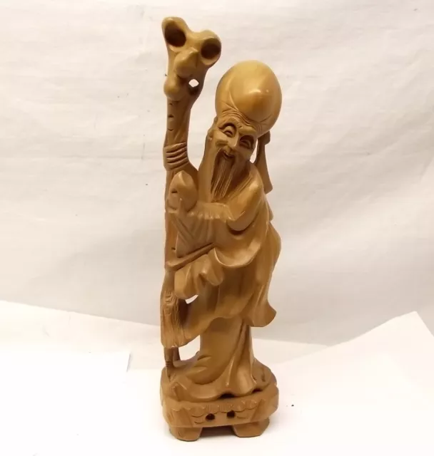 Vtg Chinese Hand Carved Wood Longevity Figure Statue Shou Lao God Elder Sage