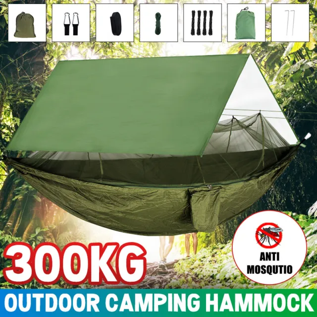 260x140cm Camping Hammock With Mosquito Net & 300x260cm Rain Cover Tent Tarp Pad