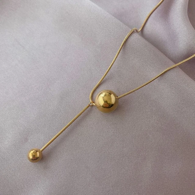 Woman 18K Gold Plated Stainless Steel Double Beads Tassel Necklace Chain