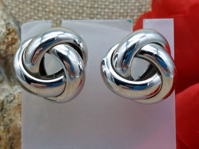 Awesome Signed Monet Vintage Clip on Earrings Silver Tone Love Knots 1"