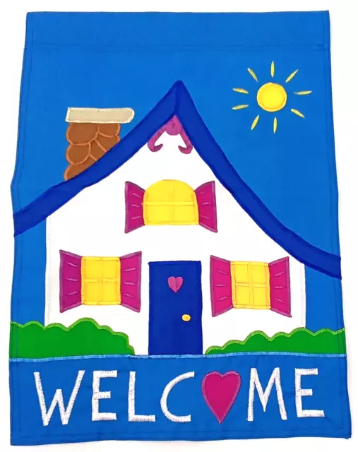 14x10" Oxford Nylon Embroidered Welcome Flag House Sun Heart Blue White Yellow