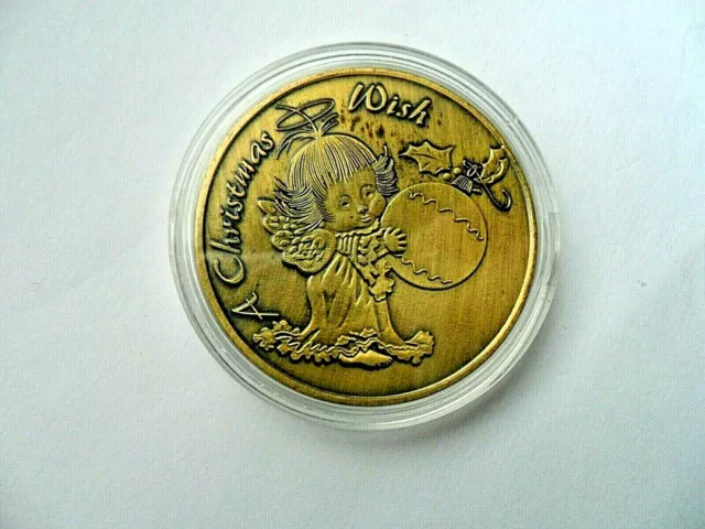 Lovely Christmas Wish  Angel / Cherub  Bronze Plated Coin . In Capsule