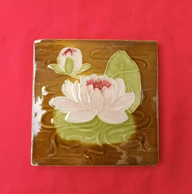 1 Piece Lotus Design Old Art Majolica Ceramic Tiles M.T.W  0063