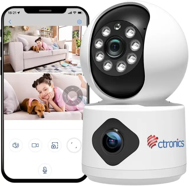 Ctronics CCTV Dual Lens Security Camera Indoor, 360° PTZ Dual Camera with Dual