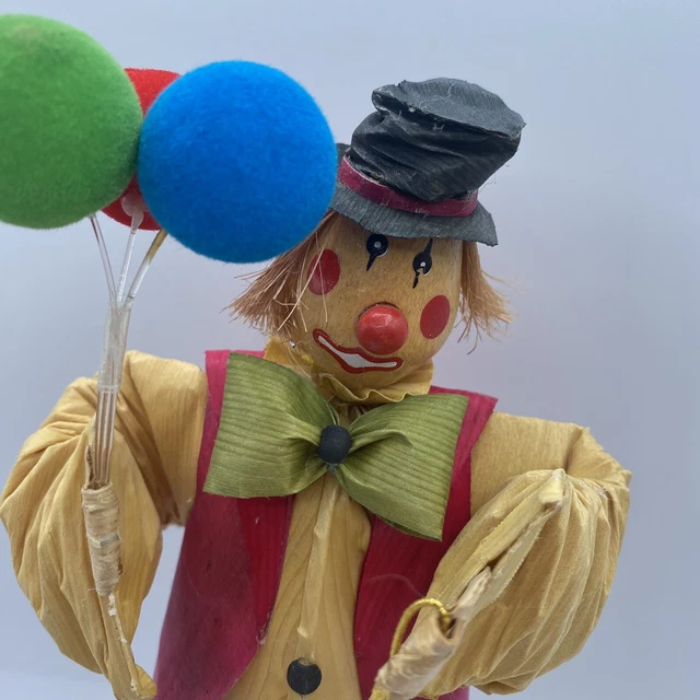 Primitive Vintage Clown Balloons Folk Art Corn Husk Wooden shoes & face W/Box