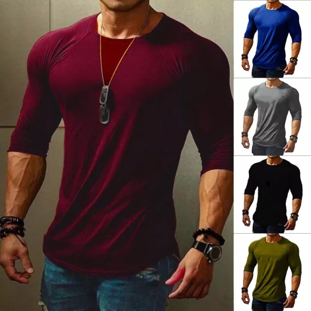 Mens Slim Muscle Fit Long Sleeve T Shirt Gym Designer Plain Curved Hem Tee Top