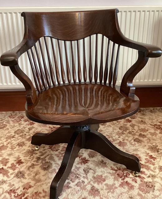 Antique English Edwardian Oak Revolving Swivel Office Armchair, Bankers Chair